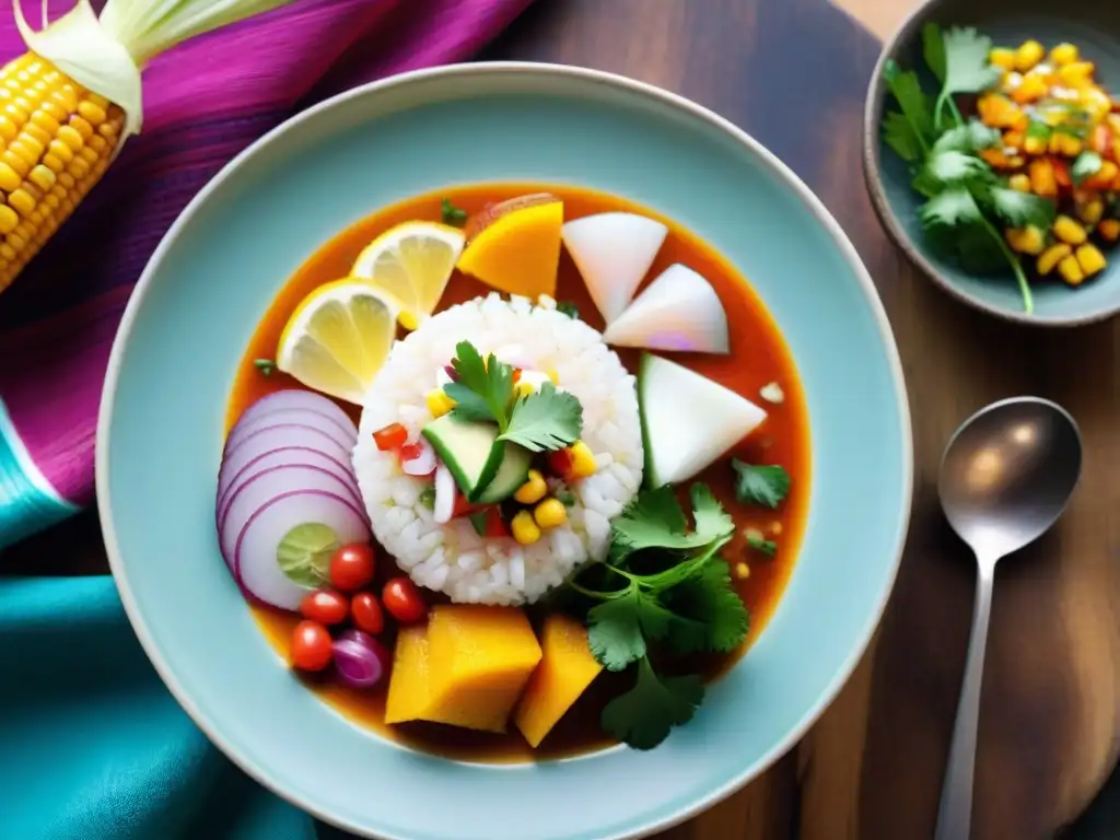 Un ceviche peruano vibrante con ingredientes autóctonos en una presentación exquisita