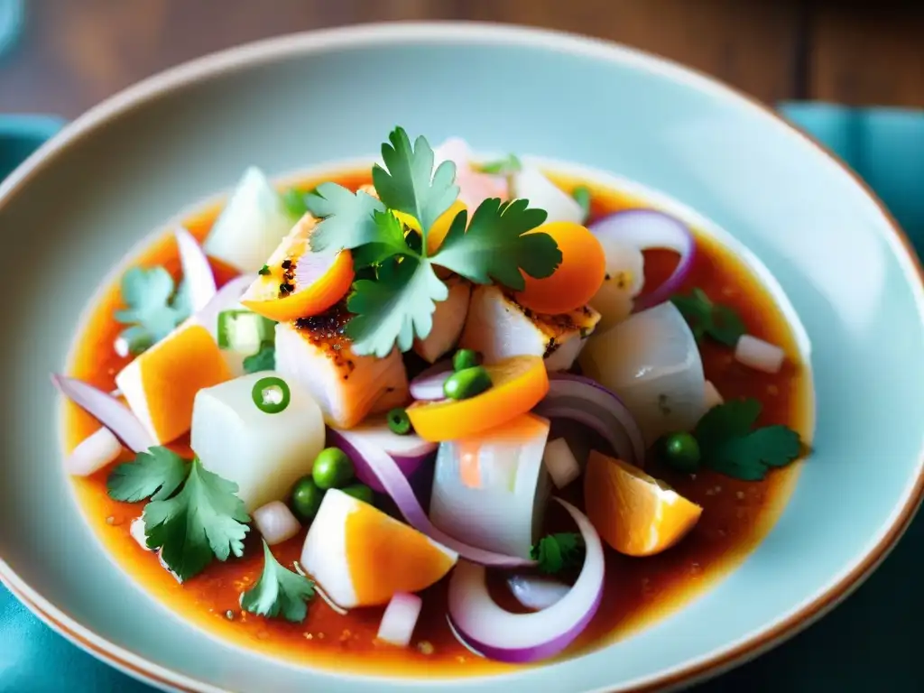 Un ceviche peruano vibrante en un plato tradicional, con mariscos frescos, cebolla y cilantro en salsa cítrica