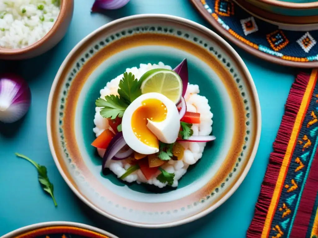 Un ceviche peruano vibrante en plato mestizo tradicional, con pescado blanco, cebolla morada, cilantro y ají