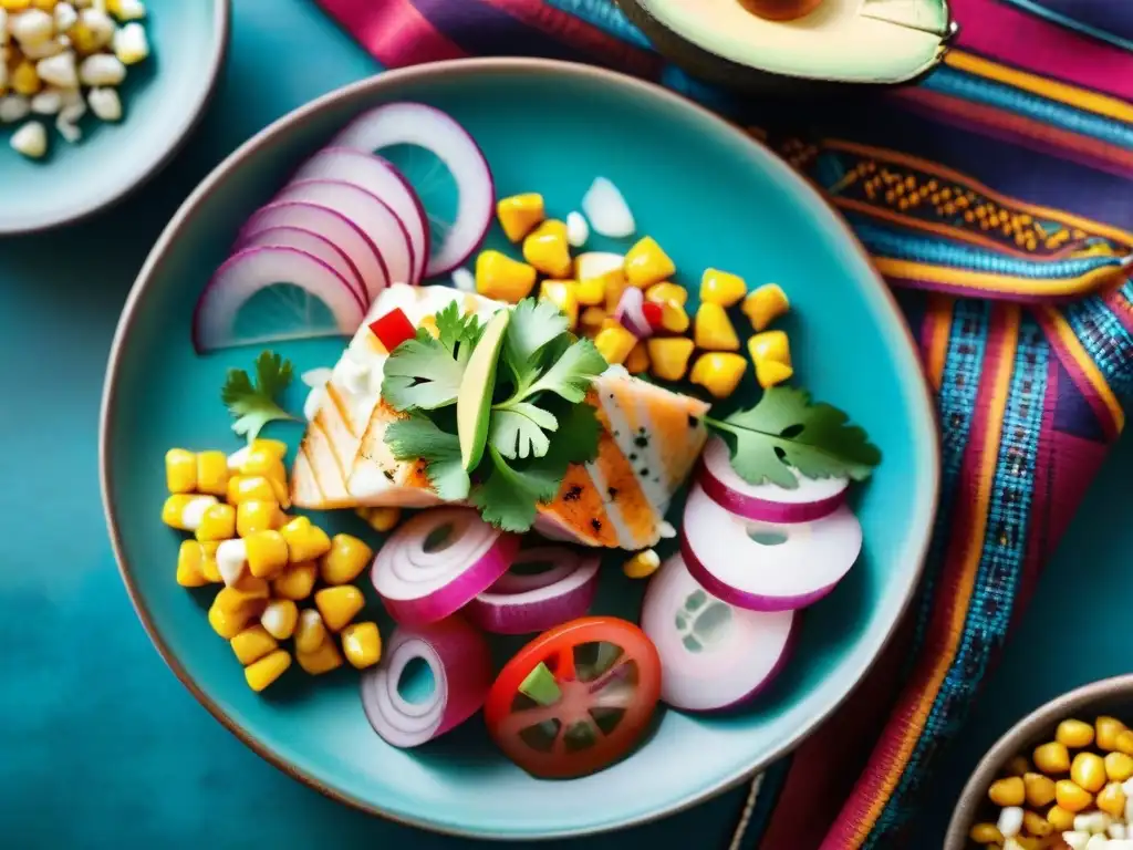 Un ceviche peruano vibrante en un plato de cerámica, con ingredientes frescos y coloridos en un festival gastronómico peruano auténtico