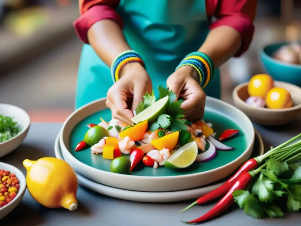 Un ceviche peruano vibrante, preparado con cuidado por un chef, resaltando ingredientes frescos y la cultura culinaria peruana