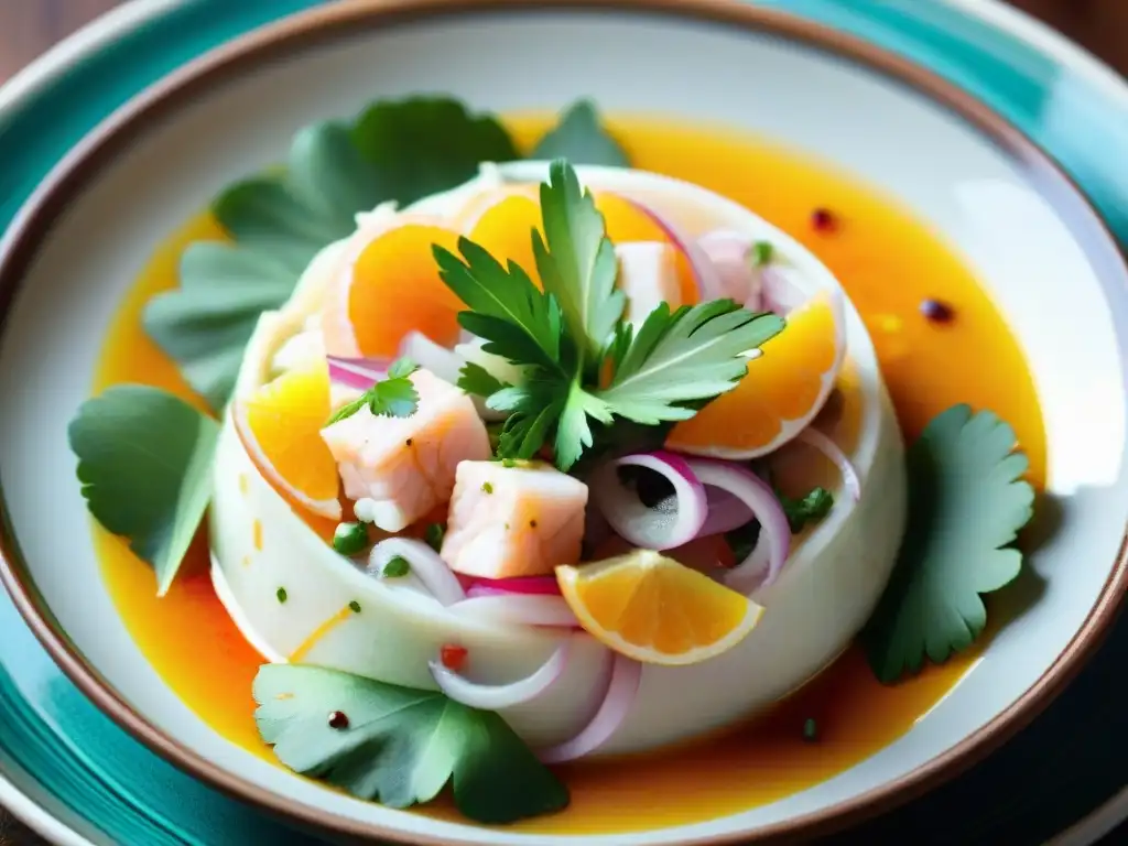 Un ceviche peruano vibrante y meticulosamente preparado en un plato de cerámica tradicional, resaltando la frescura y colores de los ingredientes