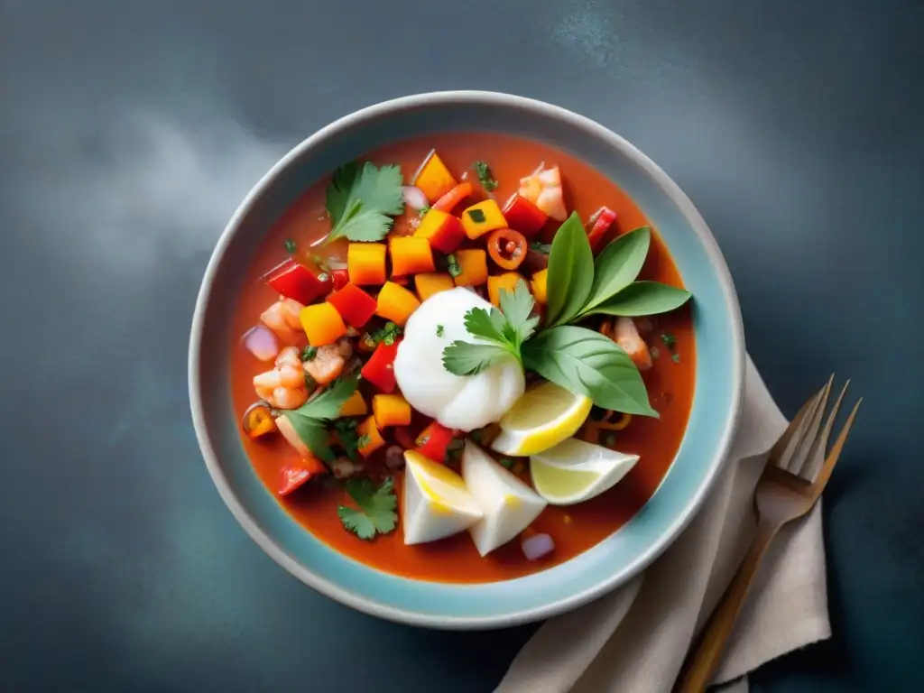 Fotografía de un ceviche de pescado peruano picante en un tazón de barro, resaltando sus vibrantes colores y detalles