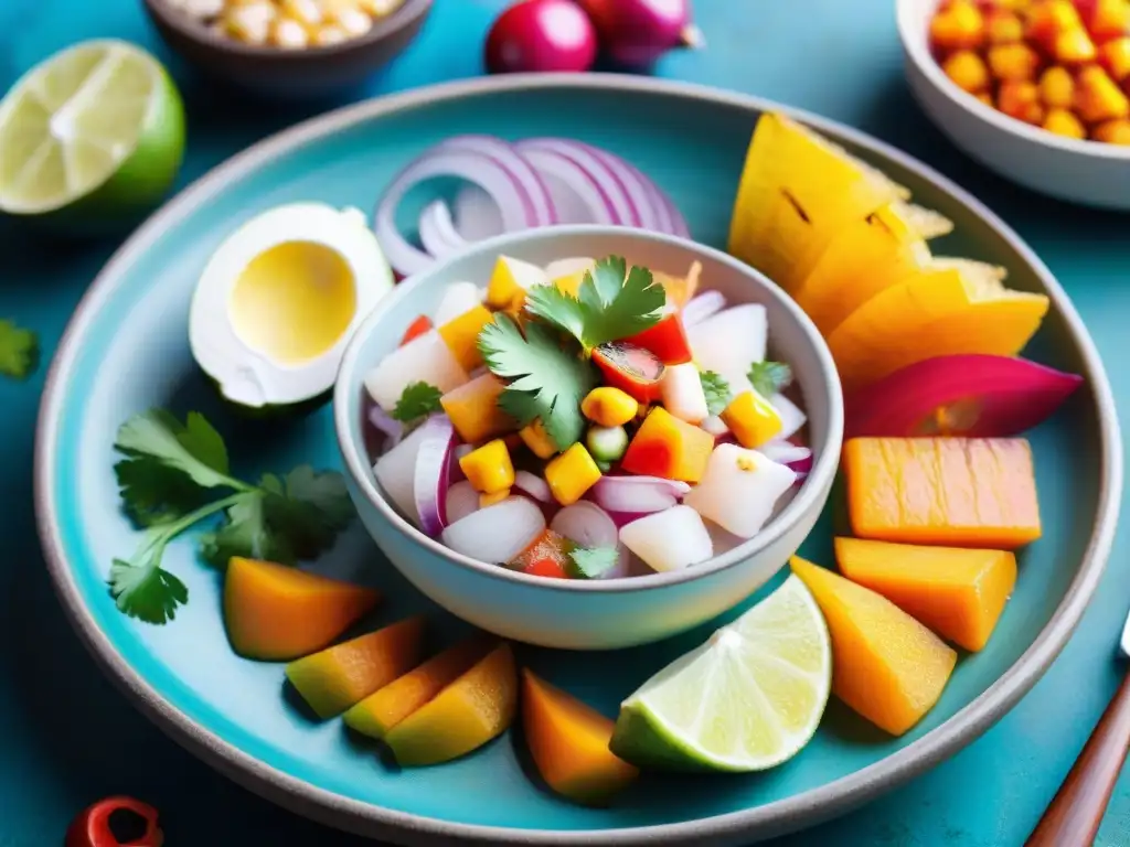 Un ceviche tradicional peruano con ingredientes coloridos en un plato de cerámica vibrante en un mercado de Lima