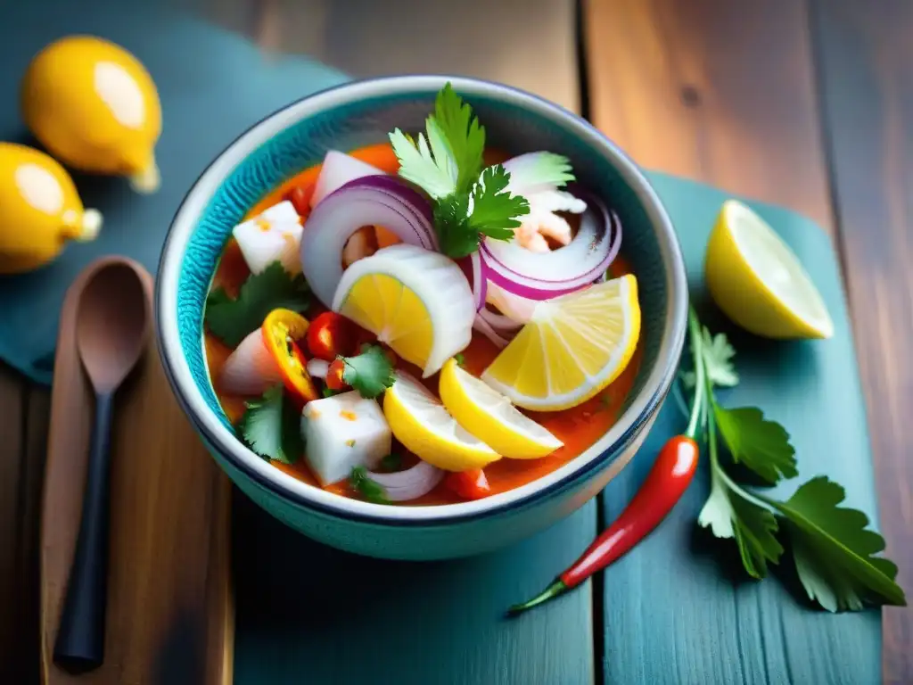 Un ceviche tradicional peruano en Huaraz, con ingredientes frescos y coloridos en una vistosa presentación