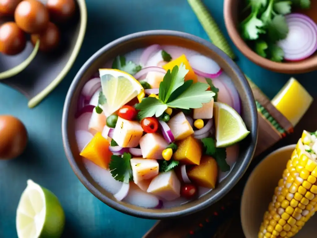 Un ceviche tradicional peruano en un mercado, representando la cocina peruana tradicional y contemporánea