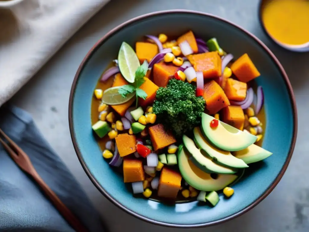 Un ceviche vegano peruano con ingredientes autóctonos en una exquisita presentación