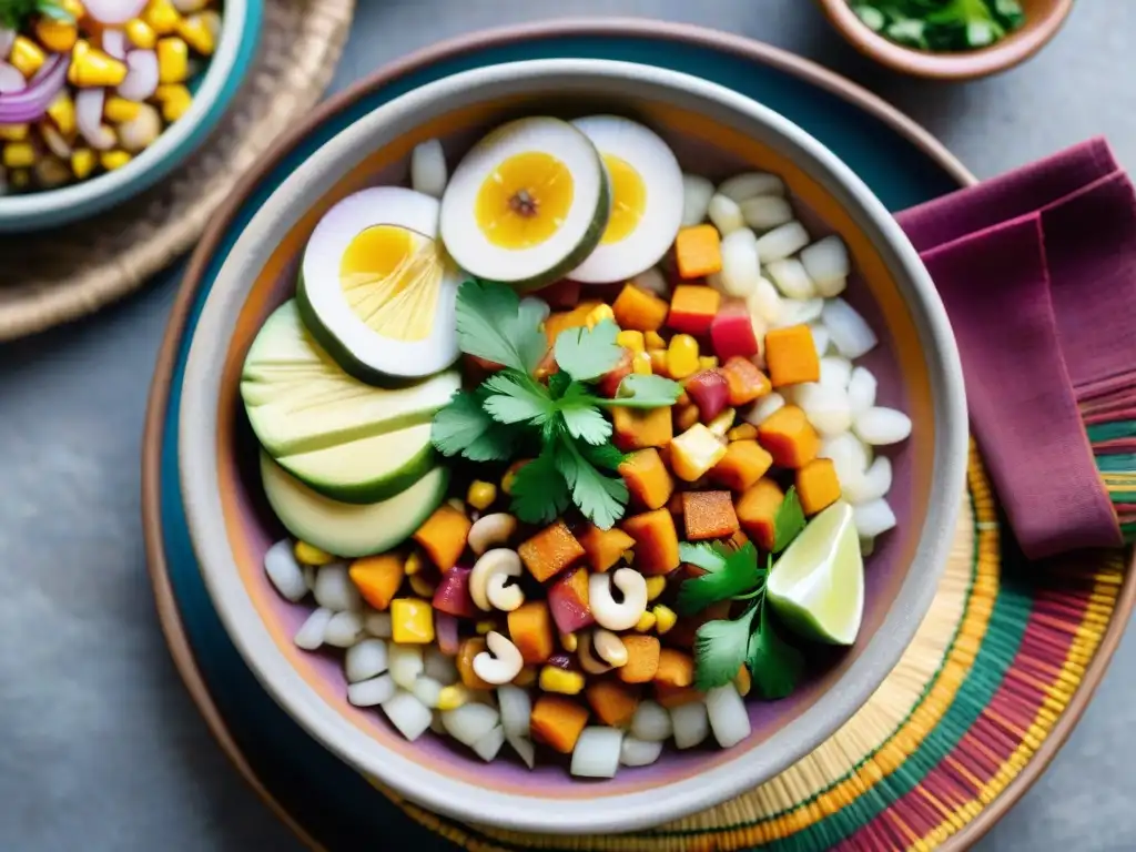 Un ceviche vegano peruano vibrante con ingredientes autóctonos en mercado local