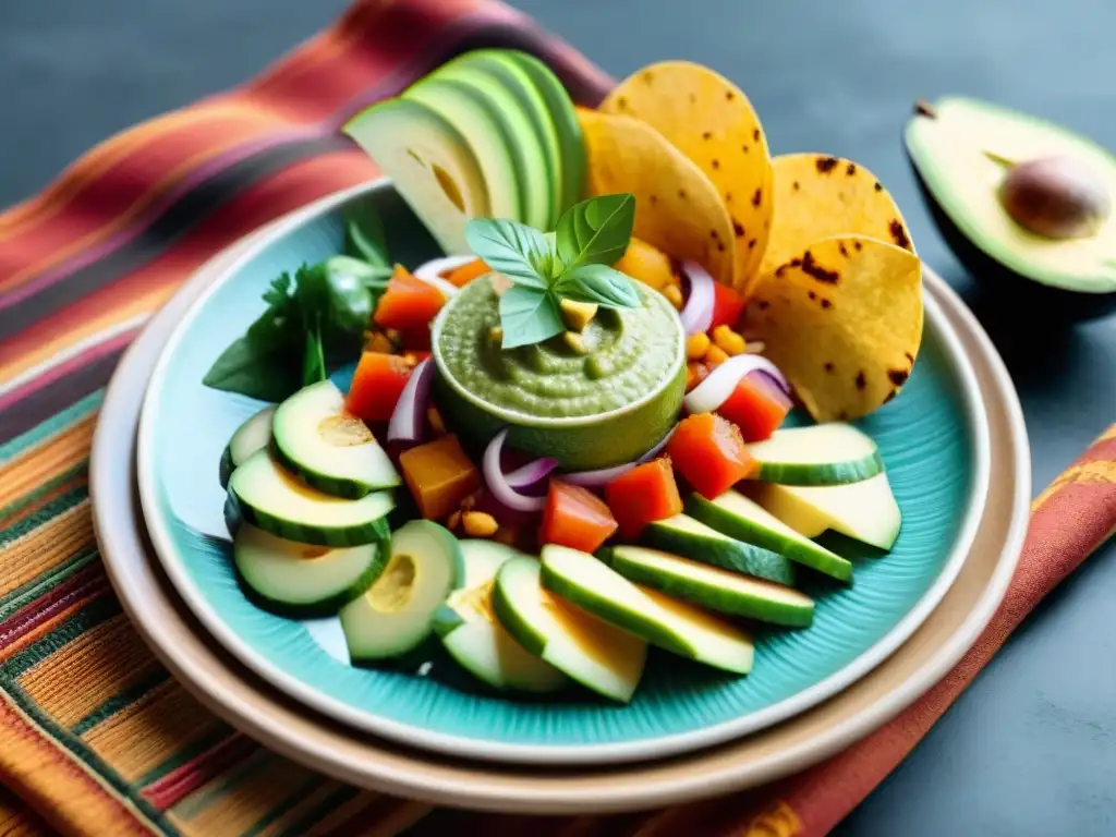 Un ceviche vegano vibrante y colorido en plato de cerámica moderno sobre texturas peruanas tradicionales