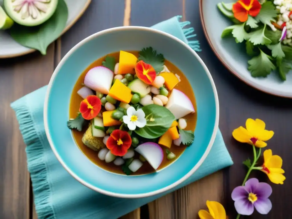 Un ceviche vegetariano colorido y delicioso en un bol de cerámica artesanal sobre una mesa de madera rústica, con un mantel peruano vibrante debajo