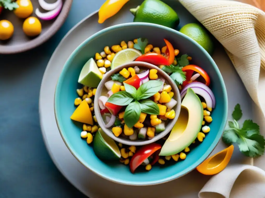 Un ceviche vegetariano vibrante en bol peruano, con hongos, pimientos, limón, maíz y aguacate