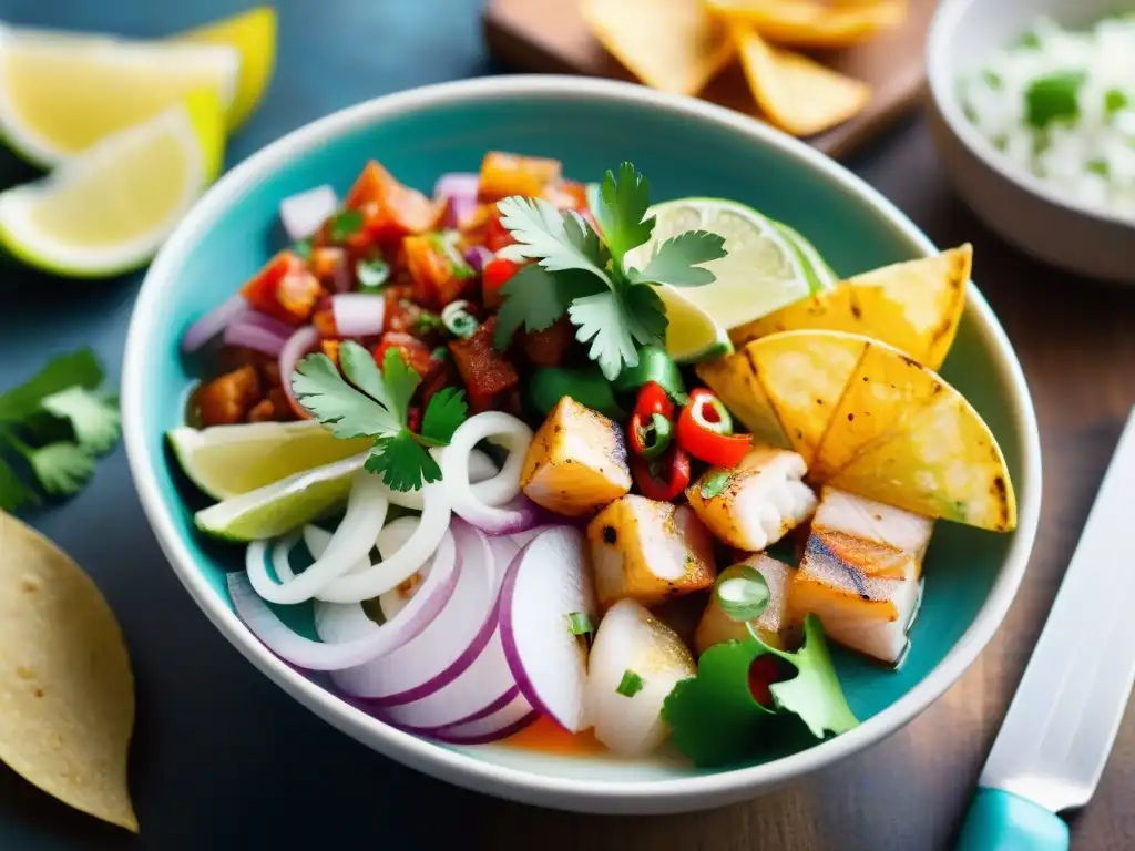 Un ceviche vibrante y colorido en un bol peruano, con pescado fresco, cebolla, cilantro, limón y chips de plátano