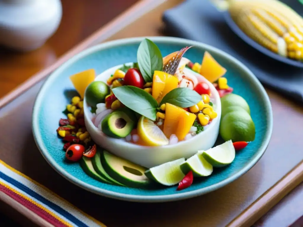 Un ceviche vibrante y colorido en plato peruano tradicional, resaltando la estética de los platos peruanos tradicionales estéticos