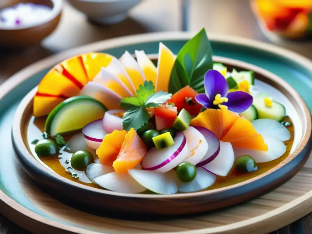 Un ceviche vibrante y detallado en un plato rústico, resaltando el estilismo para ceviches y tiraditos con ingredientes frescos y coloridos