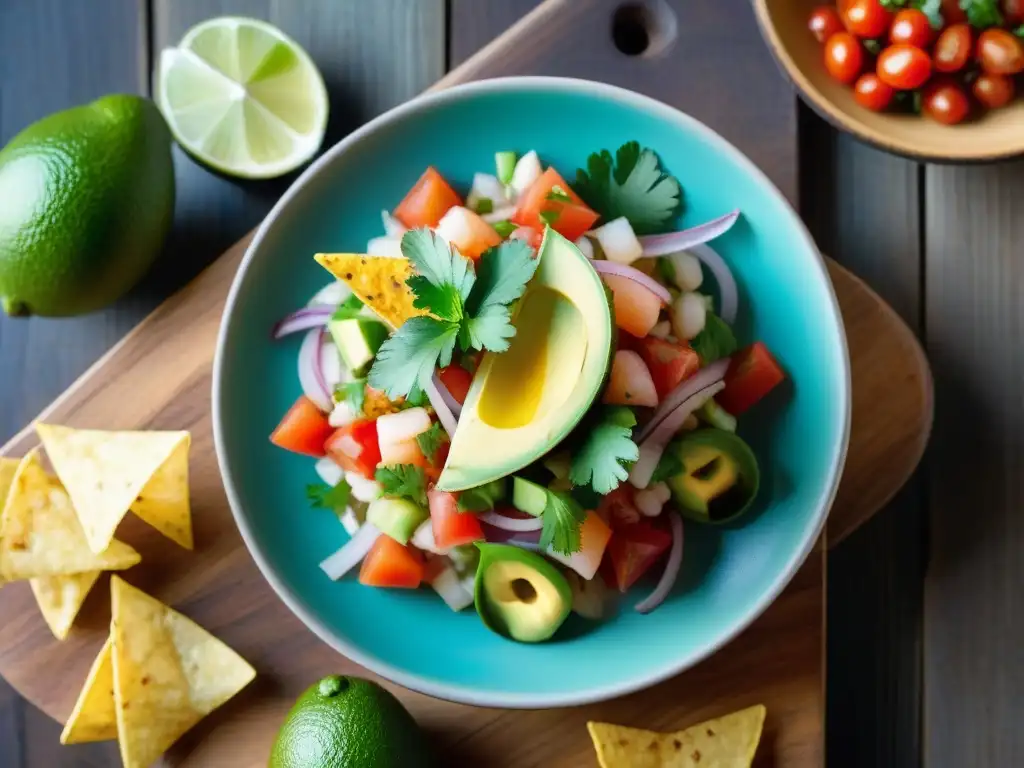 Un ceviche vibrante con ingredientes autóctonos presentado bellamente en una mesa rústica