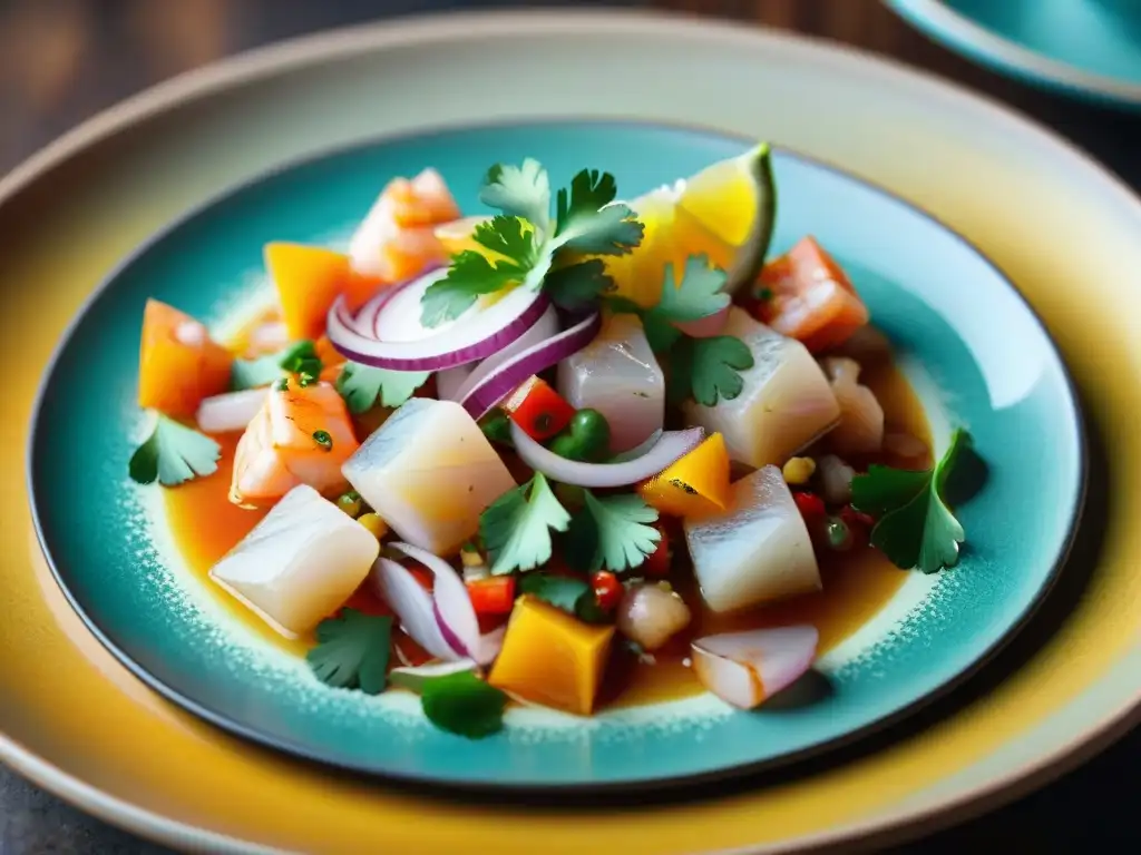 Fotografía de un ceviche vibrante de la fusión peruana, con mariscos frescos, cítricos, cebolla y cilantro en un plato rústico