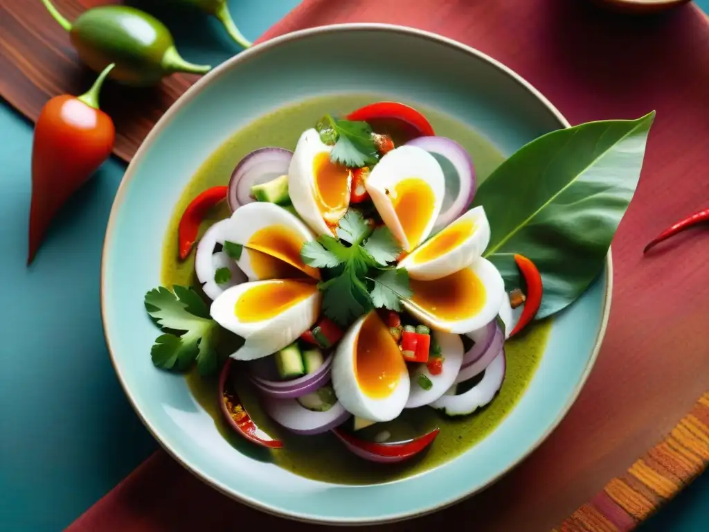 Un ceviche vibrante con texturas y sabores peruanos en plato de cerámica tradicional