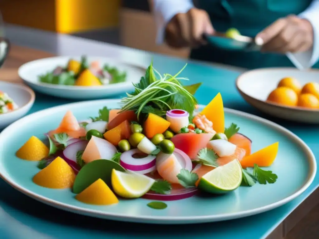 Una cevichería peruana bulliciosa con una evolución contemporánea de ceviches coloridos y vibrantes presentados artísticamente