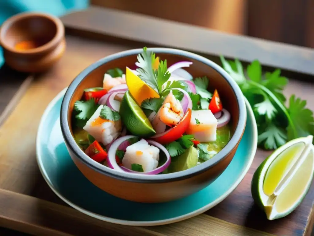 Fotografía de ceviches frescos en Perú, mariscos frescos en limón, cebolla, cilantro y ají en plato de barro