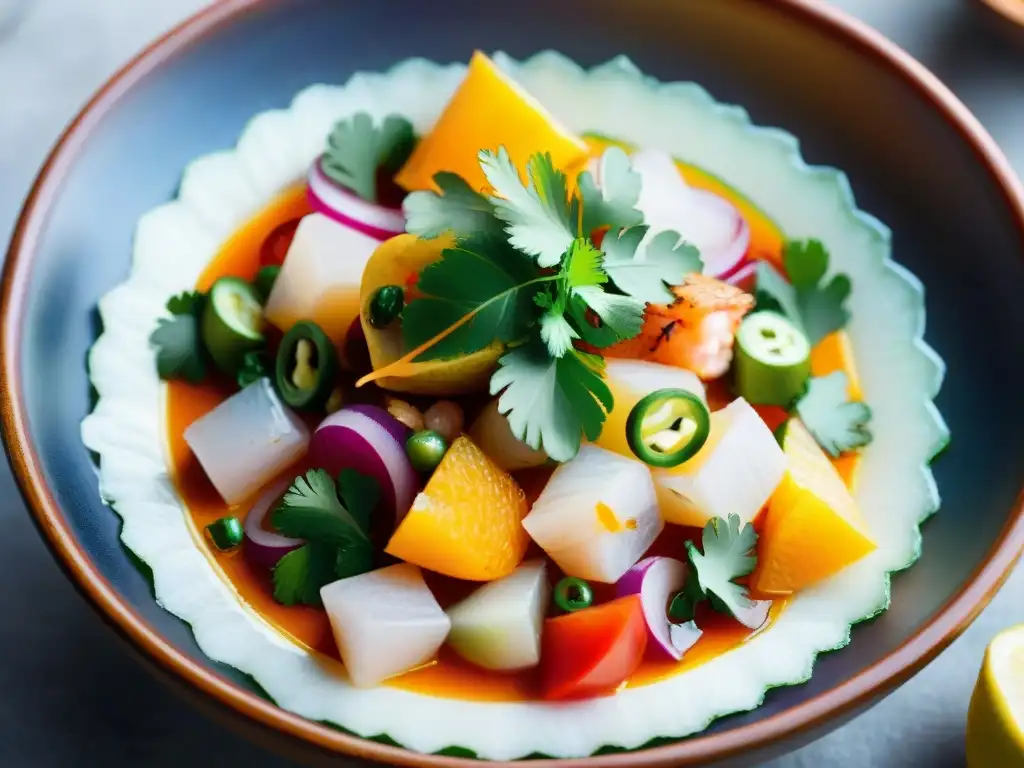 Fotografía de ceviches frescos en Perú: un plato vibrante con mariscos, cebolla, cilantro y cítricos en un tazón de cerámica