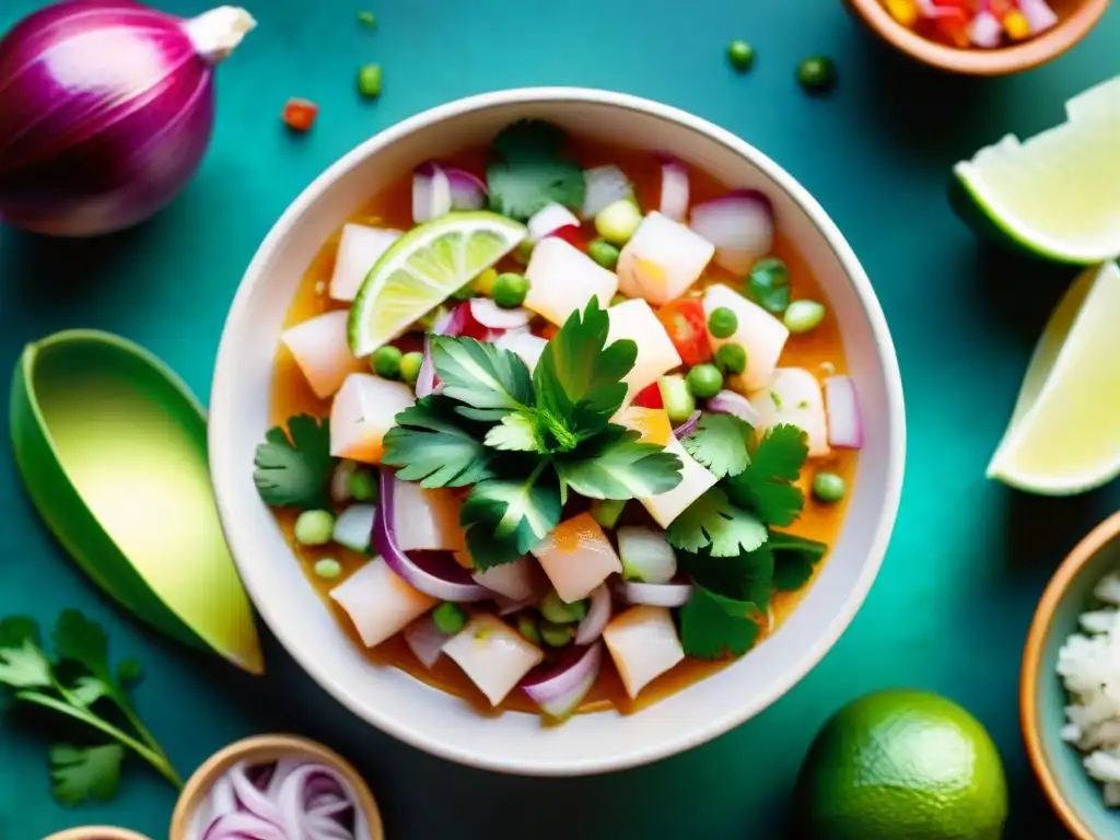 Fotografía de ceviches frescos de Perú: un primer plano vibrante y fresco con pescado, limón, cebolla y cilantro