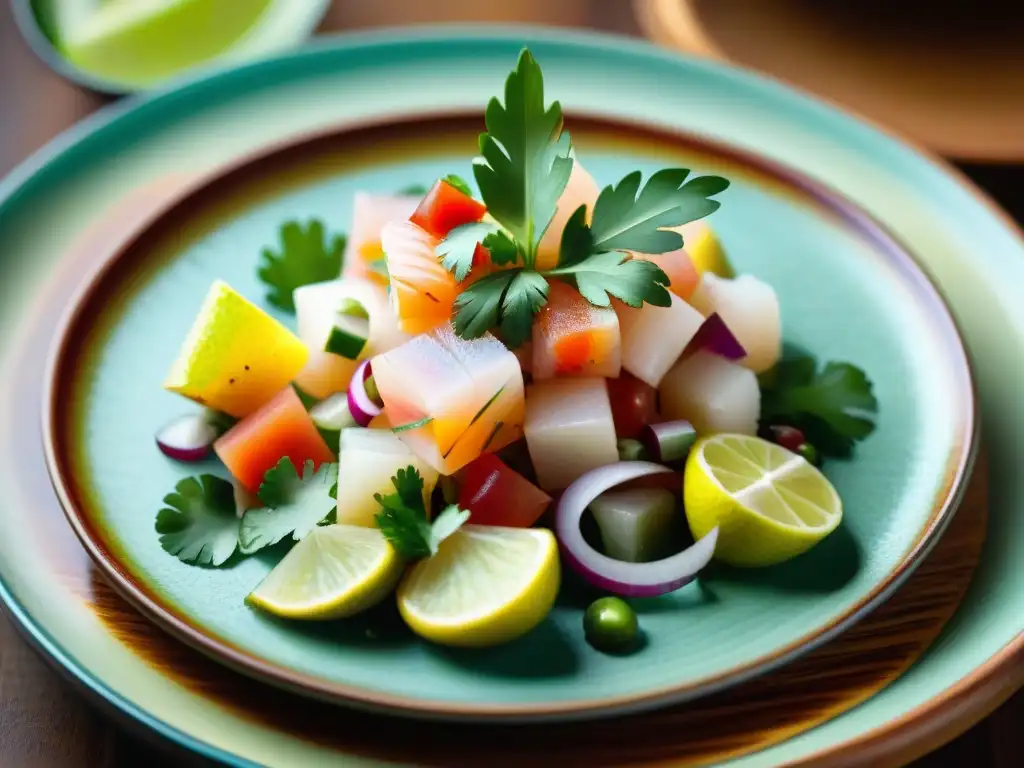 Fotografiar ceviches frescos Perú: Detalle vibrante de ceviche recién preparado, con limón y condimentos, bajo luz natural