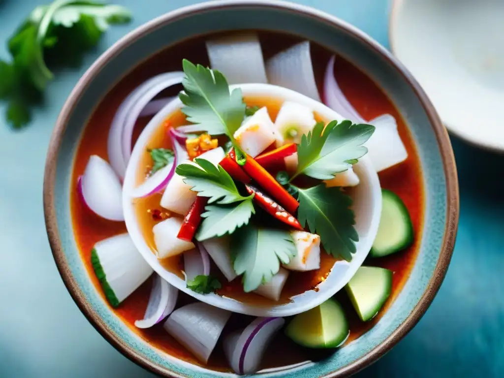 Fotografía de ceviches frescos en Perú, destacando los vibrantes colores y frescura de los ingredientes en un plato de cerámica tradicional