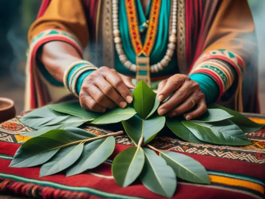 Un chamán peruano prepara meticulosamente hojas de coca para la Ceremonia del té de coca, en un ambiente místico y sagrado