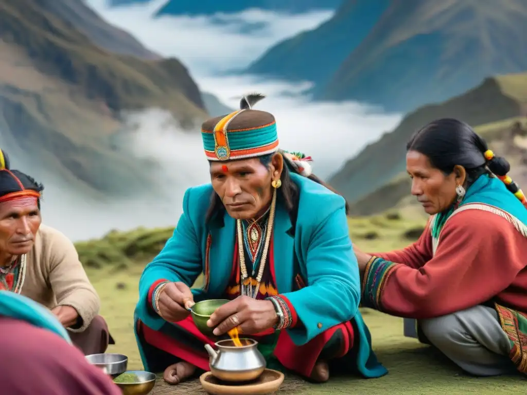 Un chamán peruano en traje tradicional lidera una solemne ceremonia del té de coca en los Andes