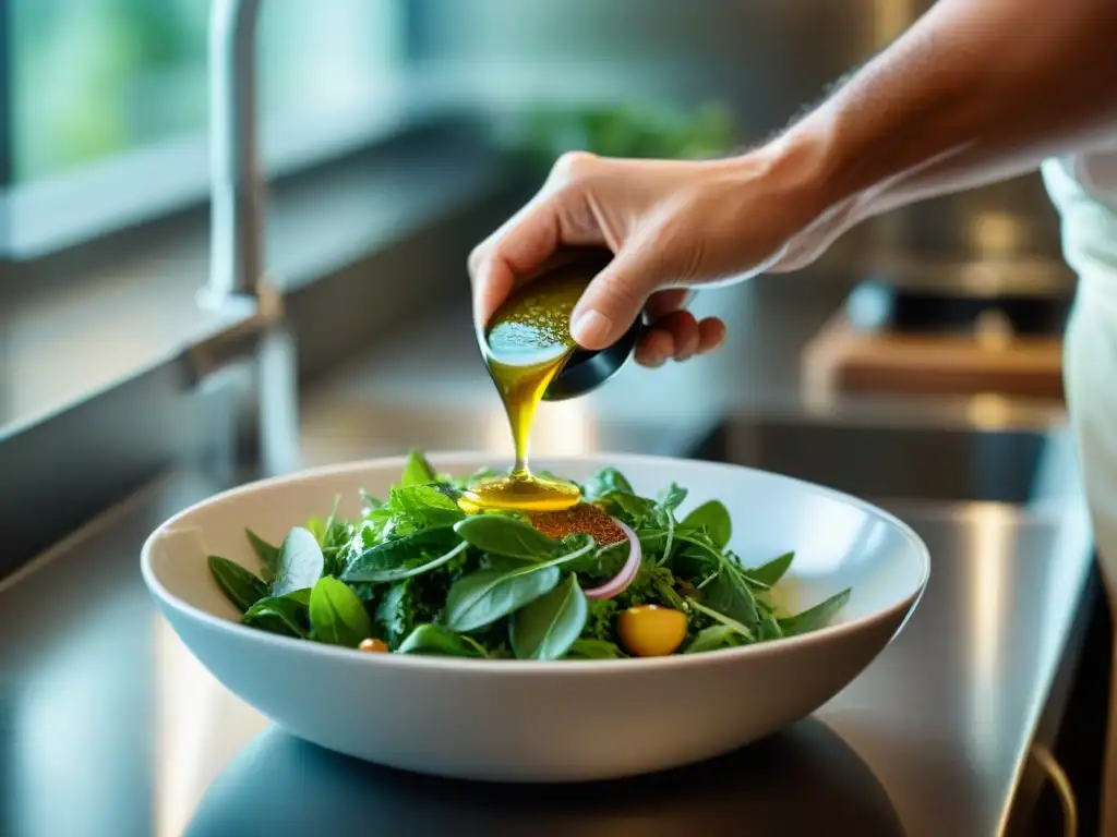 El chef prepara un aderezo artesanal en su cocina moderna