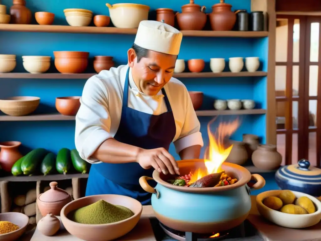 Un chef prepara Adobo Arequipeño en una cocina tradicional peruana, rodeado de colores y sabores auténticos