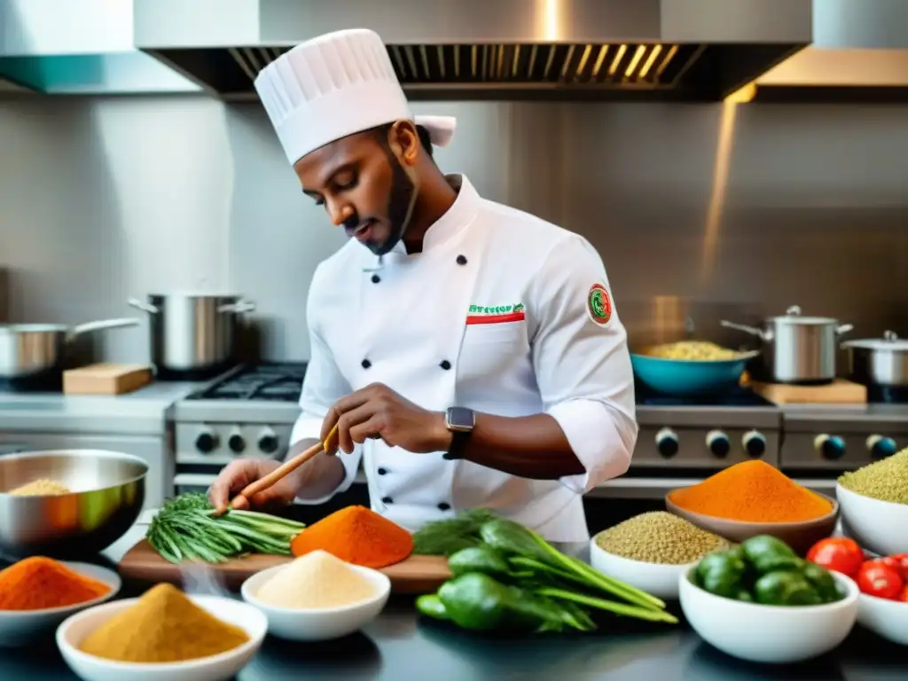 Un chef Afroperuano experto en fusión gastronómica africana peruana preparando un plato único en una cocina moderna