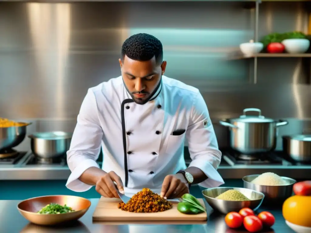 Un chef afroperuano experto fusionando ingredientes en cocina moderna, reflejo de la fusión afroperuana en cocina moderna