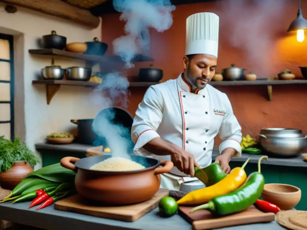 Un chef Afroperuano experto preparando plato tradicional, rodeado de ingredientes vibrantes