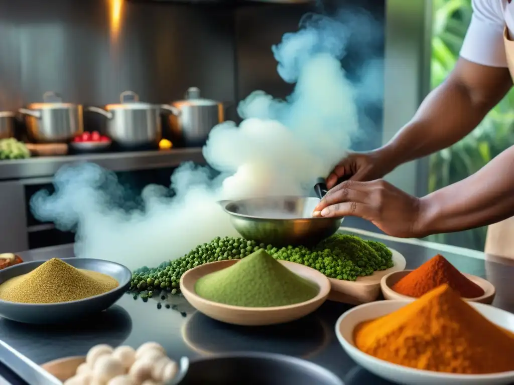 Un chef afroperuano fusionando ingredientes peruanos con especias africanas en una cocina moderna, destacando la riqueza cultural