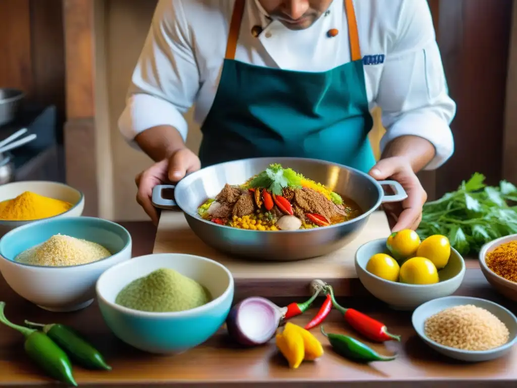 Un chef preparando ají de gallina en cocina peruana tradicional