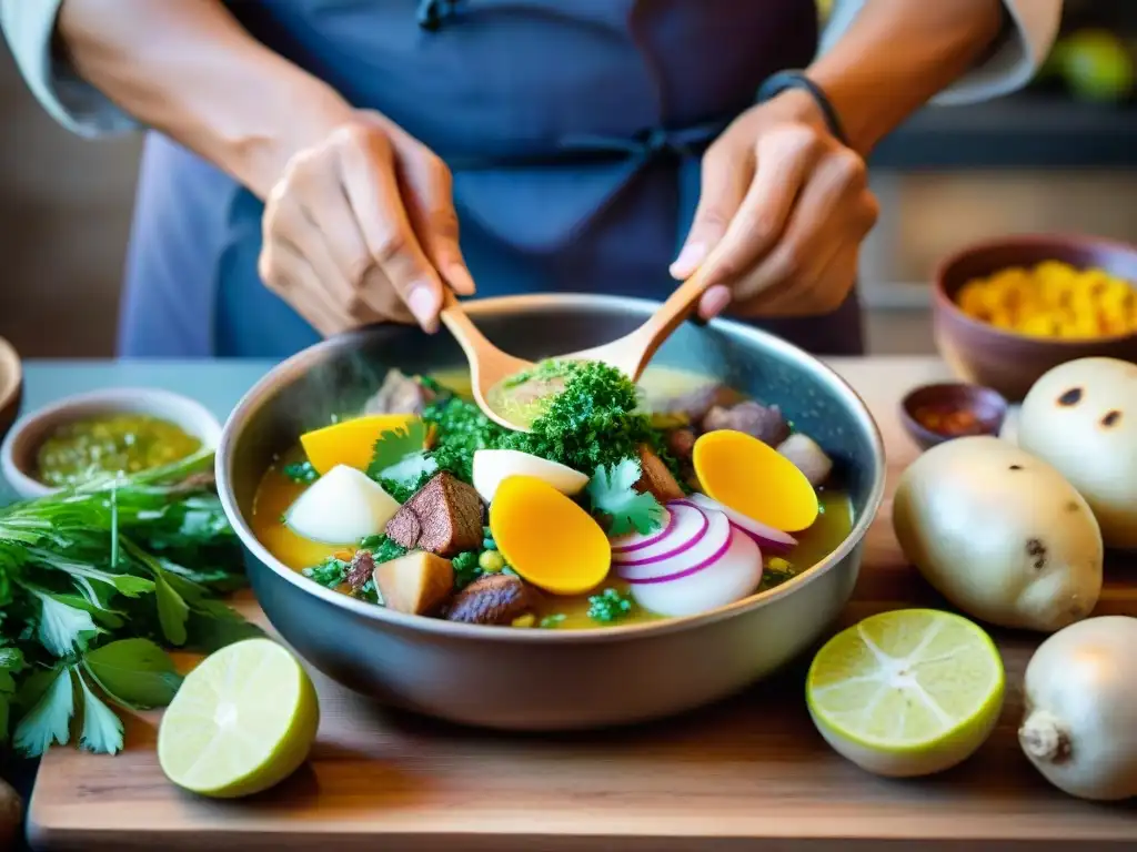 Un chef prepara meticulosamente un Ajiaco de Olluco en una cocina rústica, resaltando los beneficios nutricionales del plato