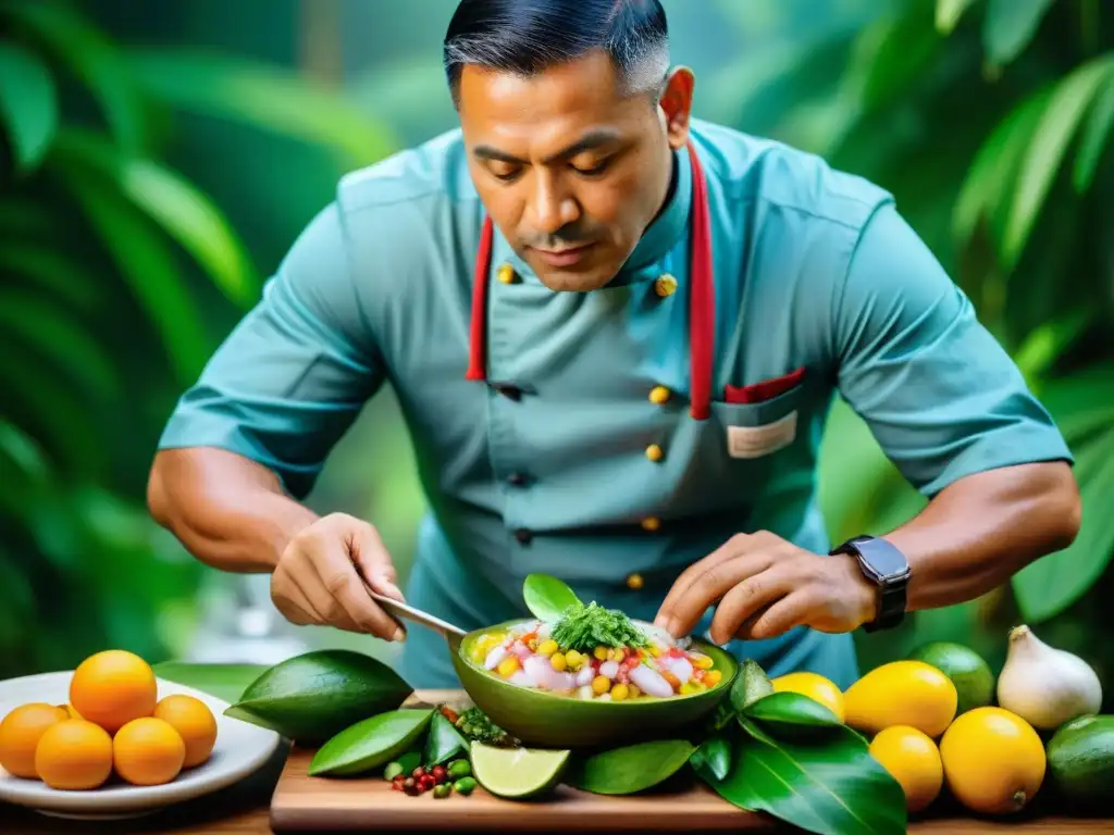 Un chef amazónico preparando ceviche con frutas exóticas en la selva