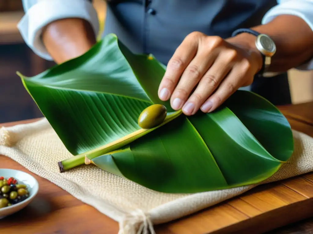 Un chef amazónico envuelve con destreza una hoja de plátano alrededor de un delicioso Juane, mostrando la auténtica receta Juane amazonía