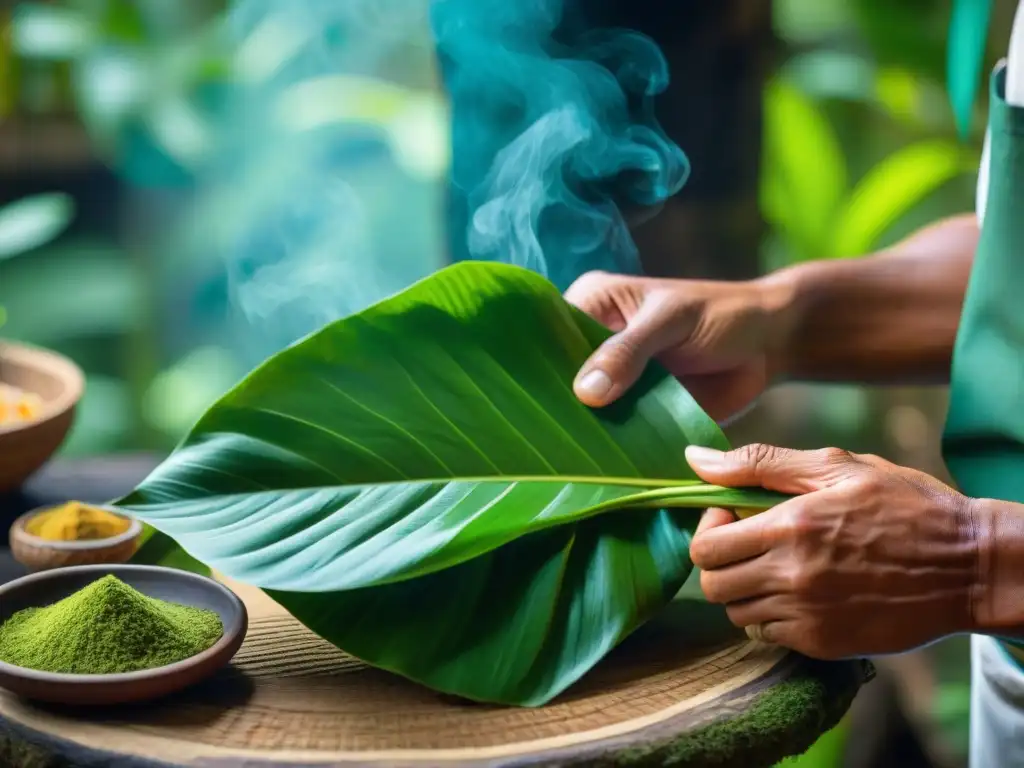 Un chef amazónico envuelve con destreza un plato en hoja de bijao, mostrando la técnica de cocinar en bijao en la selva