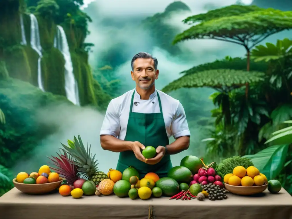 Un chef amazónico experto selecciona ingredientes selváticos, inmerso en la exuberante biodiversidad de la selva