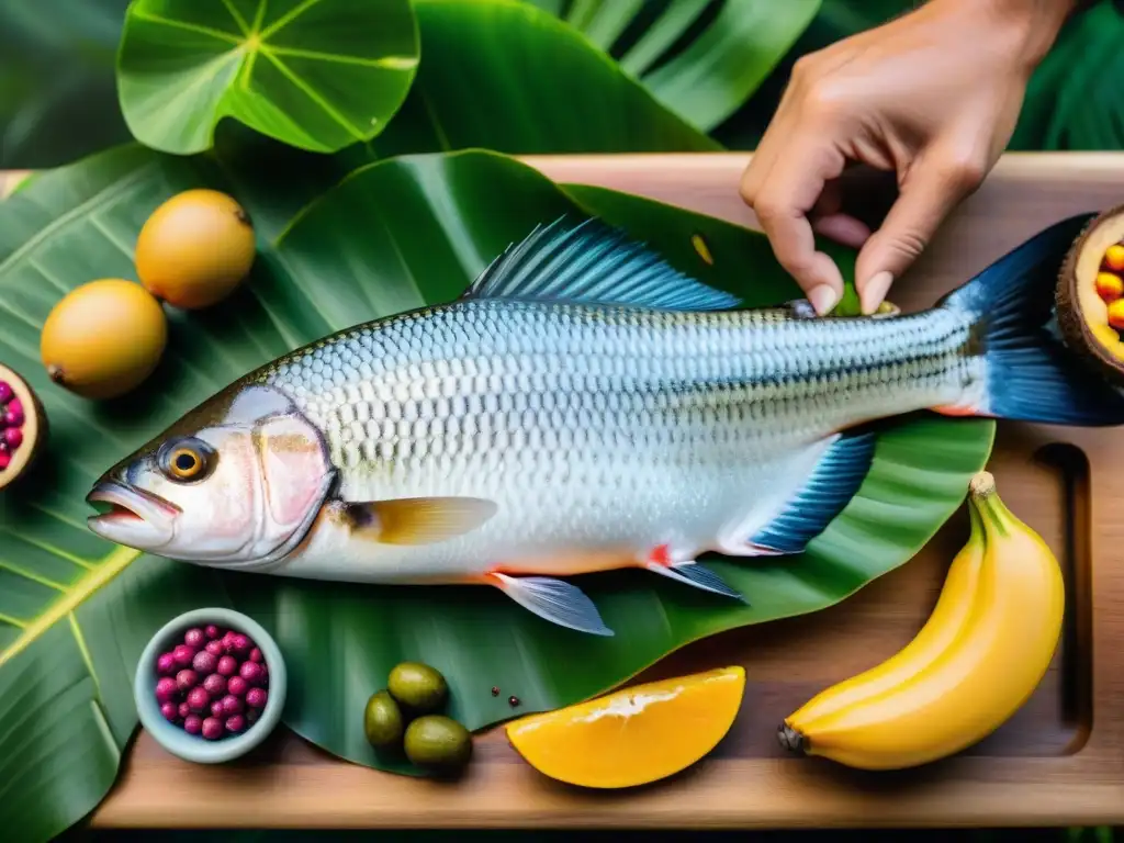 Un chef amazónico experto filetea un paiche gigante rodeado de ingredientes de la selva amazónica, creando platos innovadores paiche gigante amazónico