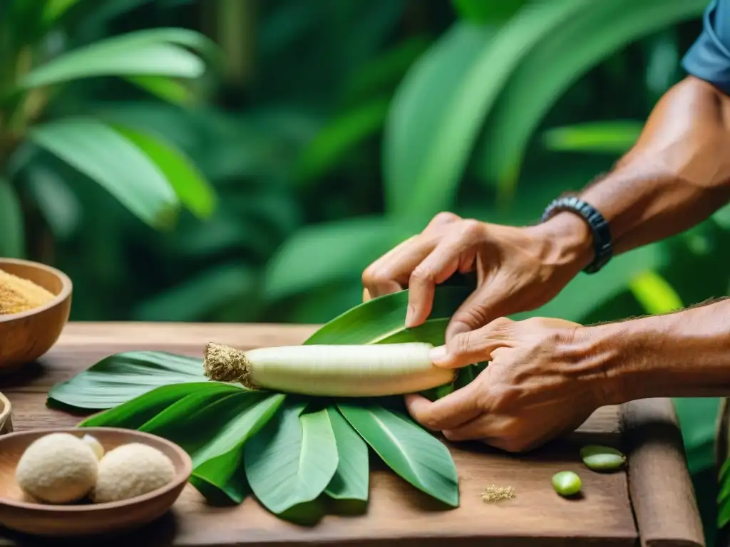 Un chef amazónico experto pela y prepara yuca con destreza en una cocina rústica