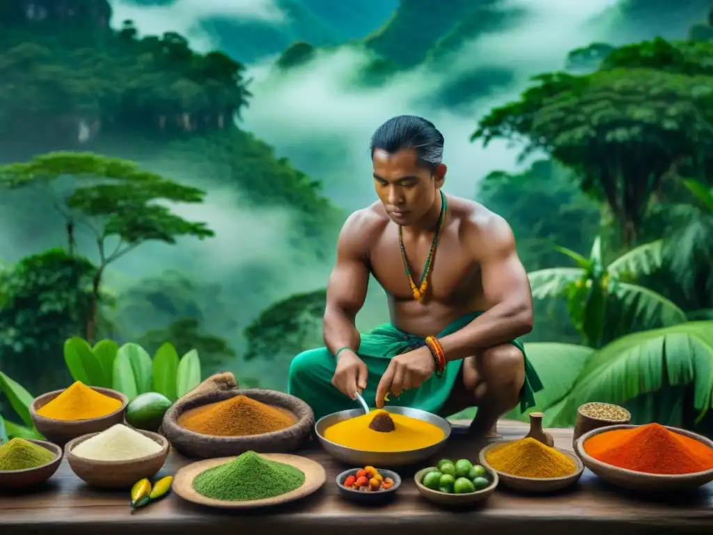 Un chef indígena amazónico preparando ingredientes autóctonos en la selva, destacando la rica gastronomía amazónica peruana