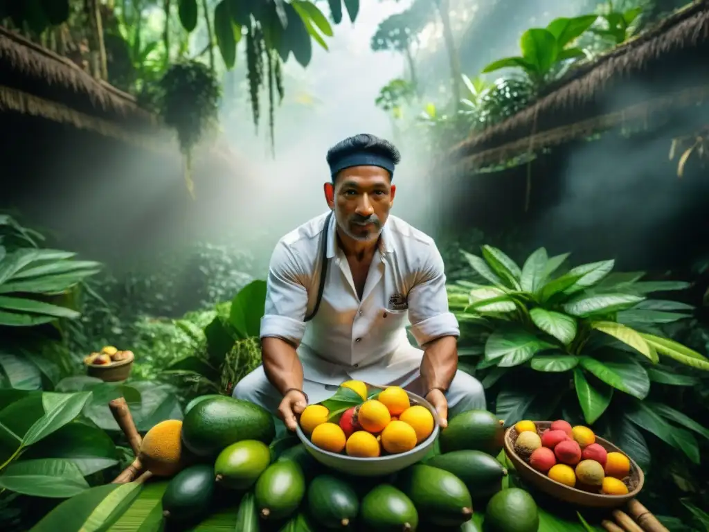 Un chef amazónico cosechando ingredientes selváticos en la exuberante selva