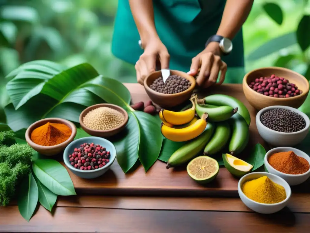 Un chef amazónico preparando piqueos selváticos con ingredientes vibrantes en la exuberante selva