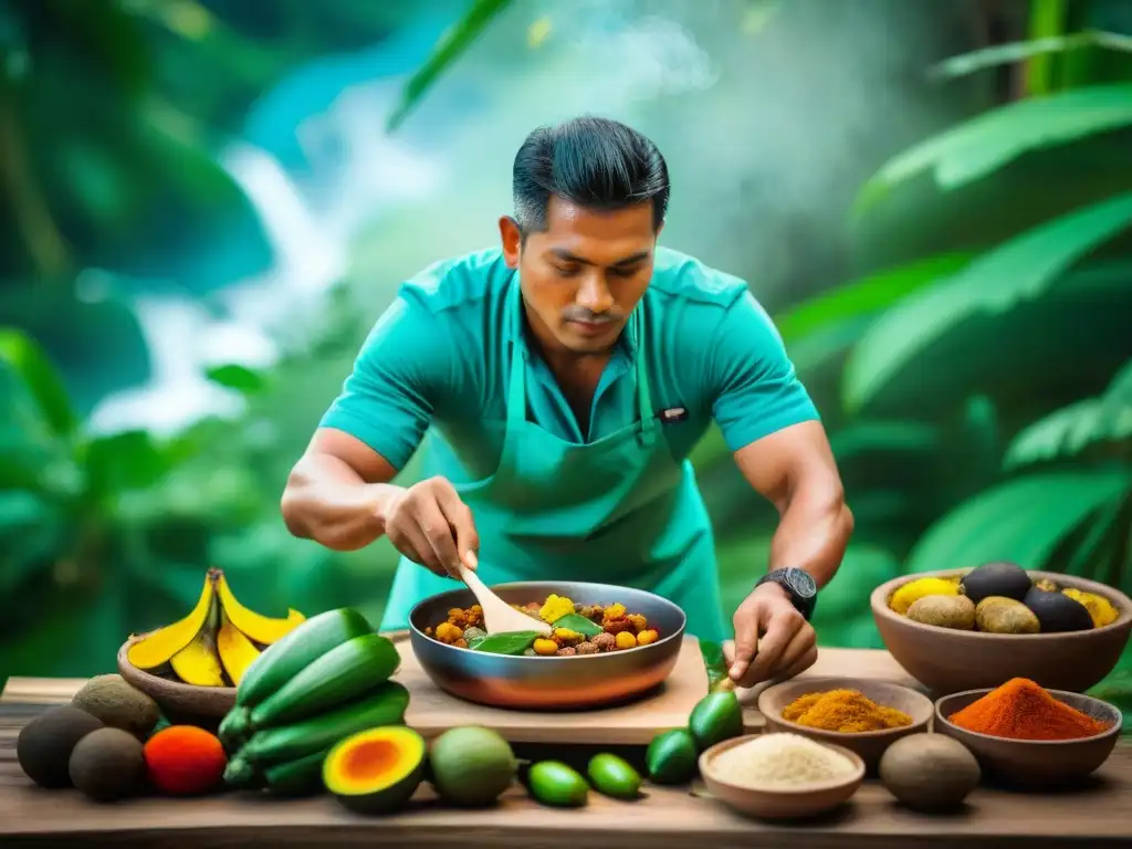 Un chef indígena amazónico preparando plato peruano tradicional con ingredientes autóctonos en la exuberante selva amazónica