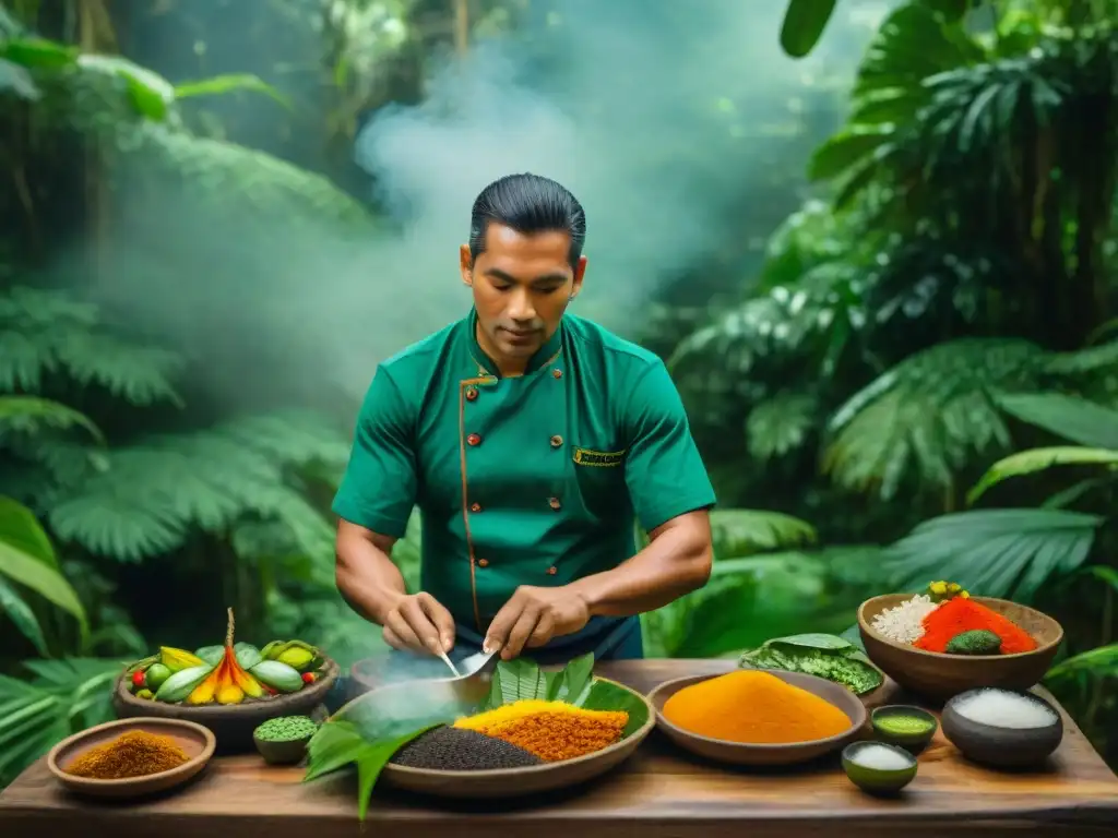 Un chef amazónico preparando plato tradicional rodeado de ingredientes autóctonos en la exuberante selva peruana