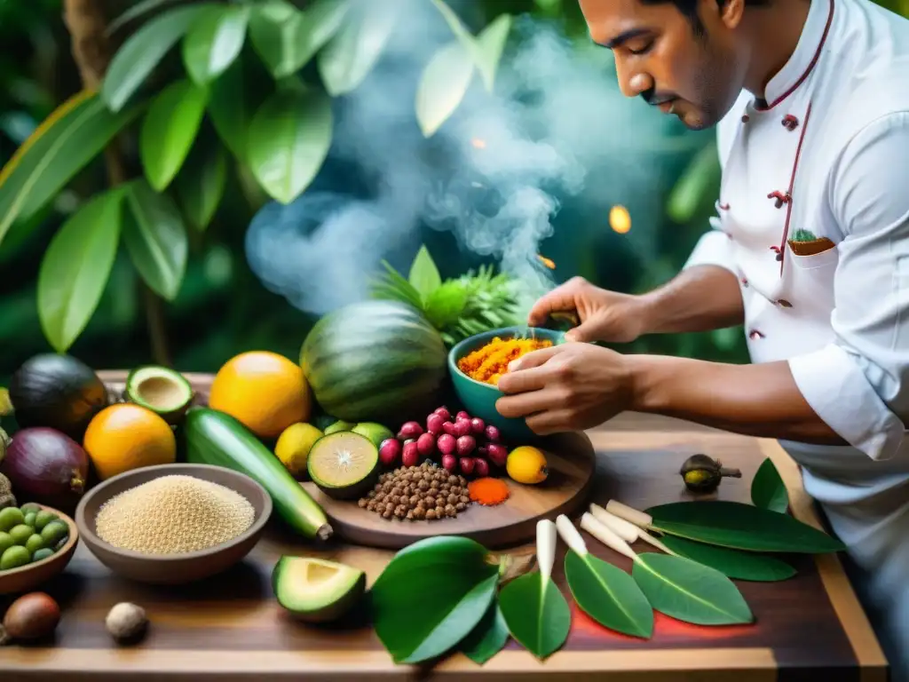 Un chef amazónico prepara un plato tradicional con ingredientes exóticos en la selva