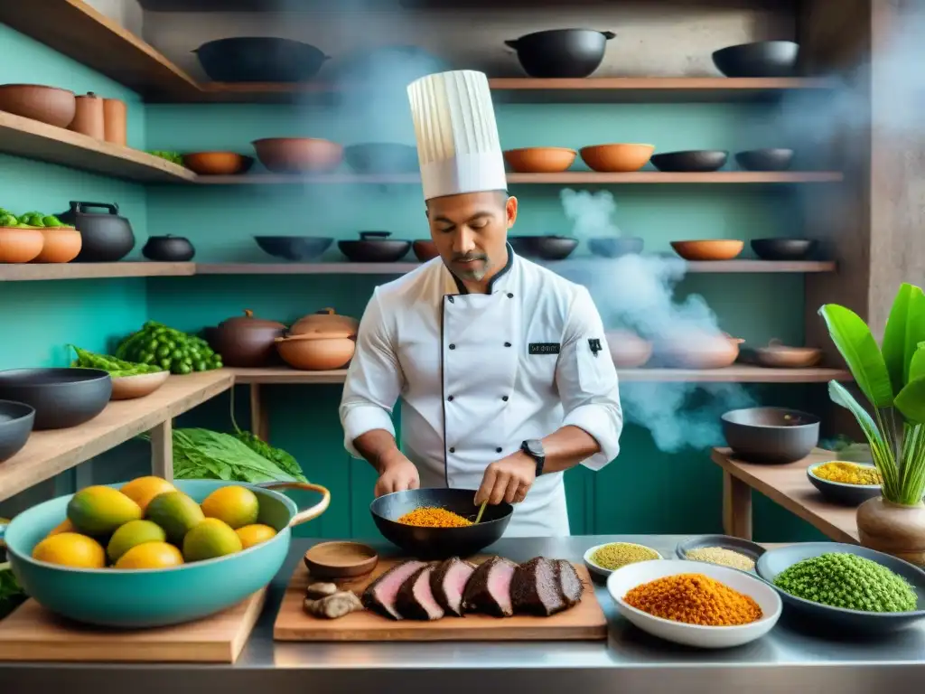 Un chef amazónico preparando con maestría la receta tradicional tacacho cecina amazónica en una cocina tradicional